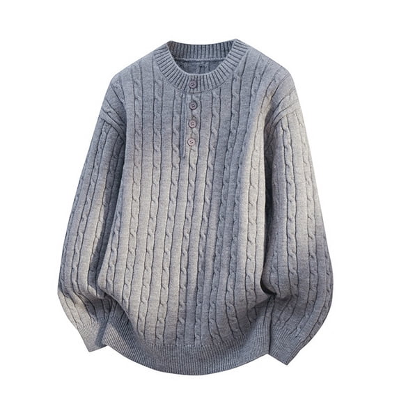 Bpmpbo Men's Cable Knit Sweater with Button Detail Solid Color Crewneck Pullover Warm Stretch Long Sleeve Top