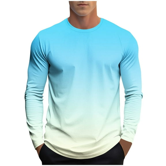 Bpmpbo Men's Casual Cotton Tops Gradient Crewneck Long Sleeve T-Shirt Basic Pullover Tee Shirt