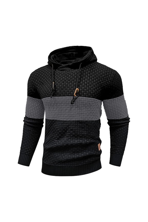 Men's Checkered Color Block Hooded Sweater Long Sleeved Pullover with Drawstring and Patchwork Design