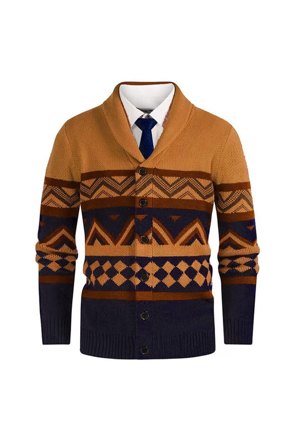 Men's Color Block Knit Cardigan Lapel Collar Ribbed Stretch Sweater Jacket