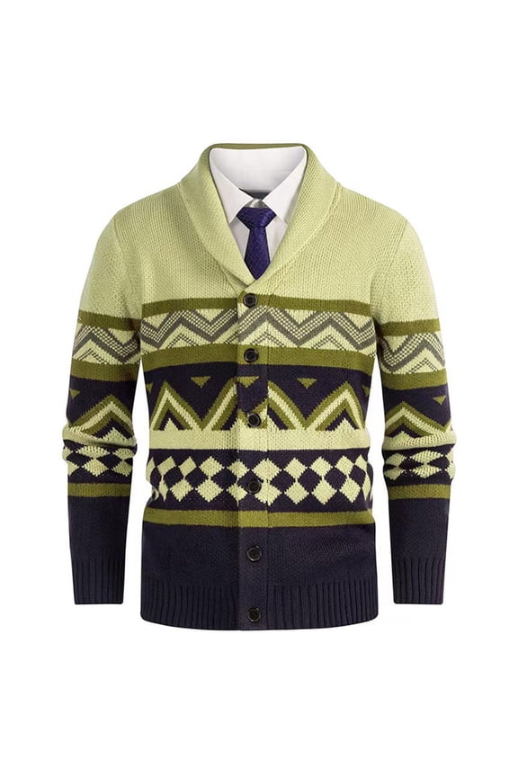 Men's Color Block Knit Cardigan Lapel Collar Ribbed Stretch Sweater Jacket