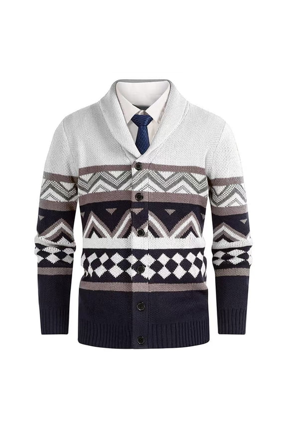 Men's Color Block Knit Cardigan Lapel Collar Ribbed Stretch Sweater Jacket