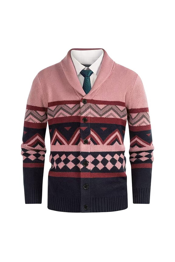 Men's Color Block Knit Cardigan Lapel Collar Ribbed Stretch Sweater Jacket
