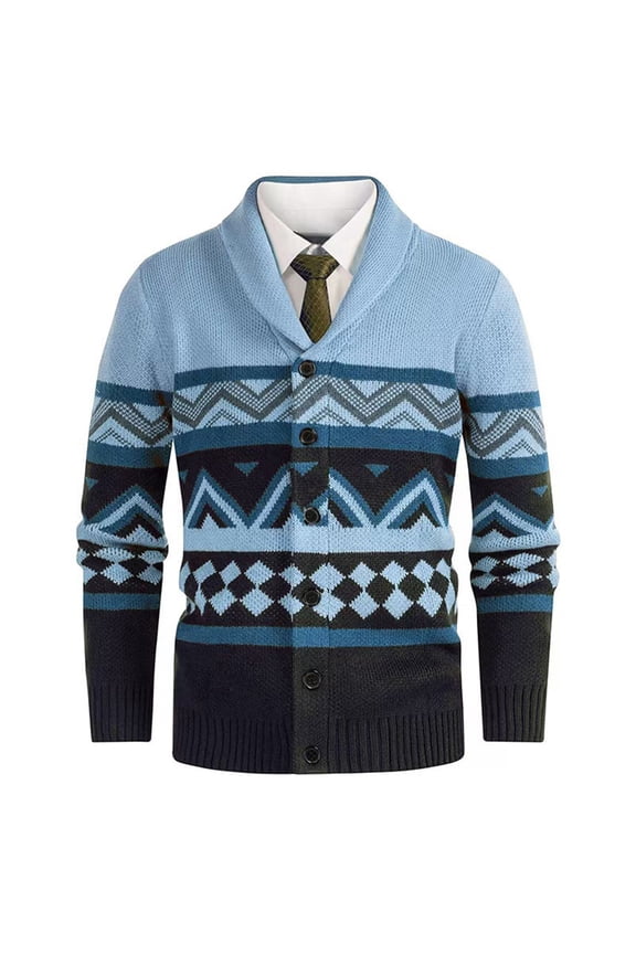 Men's Color Block Knit Cardigan Lapel Collar Ribbed Stretch Sweater Jacket