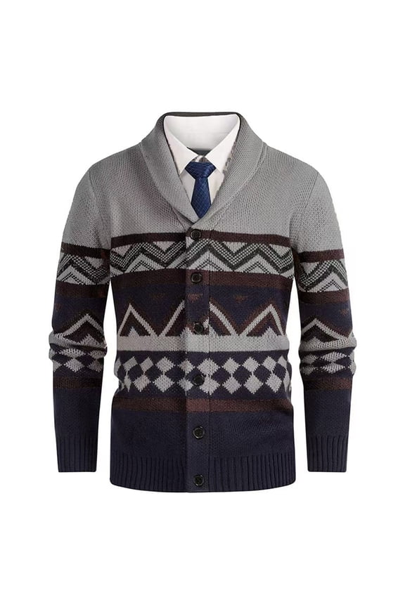 Men's Color Block Knit Cardigan Lapel Collar Ribbed Stretch Sweater Jacket