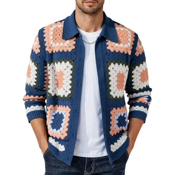 Bpmpbo Men's Colorful Open Knit Sweater Shirt, Lapel Collar Long Sleeve Button Up Cardigan