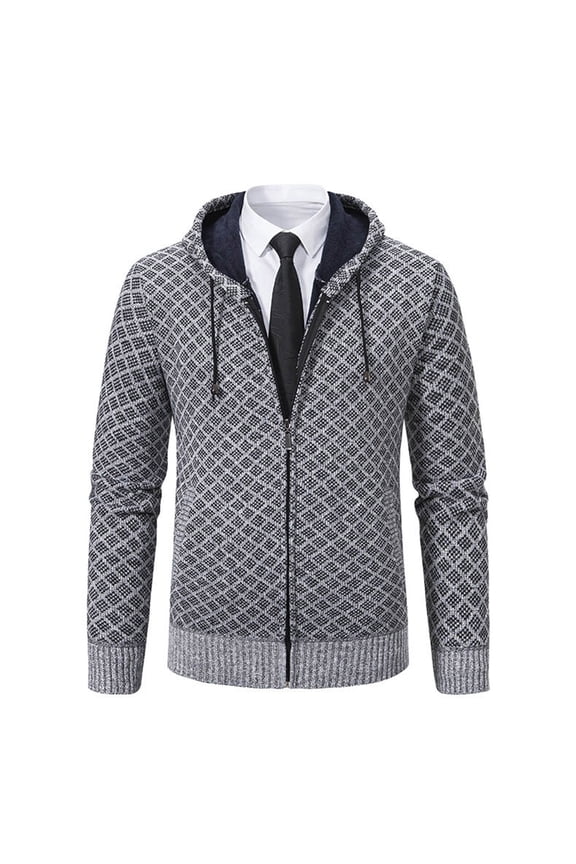 Men's Fleece Lined Hooded Zip Up Sweater Solid Color Long Sleeve Knit Jacket with Drawstring for Fall Winter