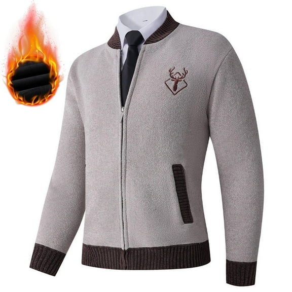 Bpmpbo Men's Fleece Lined Zip Up Sweater Color Block Ribbed Knit Cardigan Fall Winter Clothing with Pockets