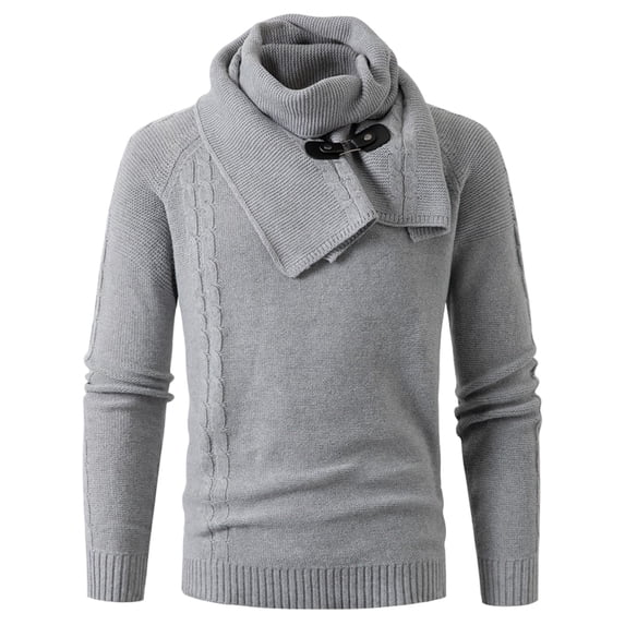 Bpmpbo Men's Knit Sweater with Detachable Scarf Solid Color Long Sleeve Crewneck Pullover