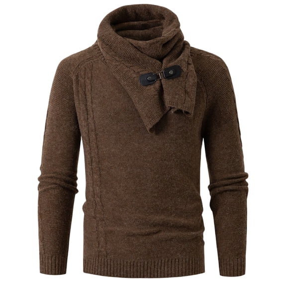 Bpmpbo Men's Knit Sweater with Detachable Scarf Solid Color Long Sleeve Crewneck Pullover