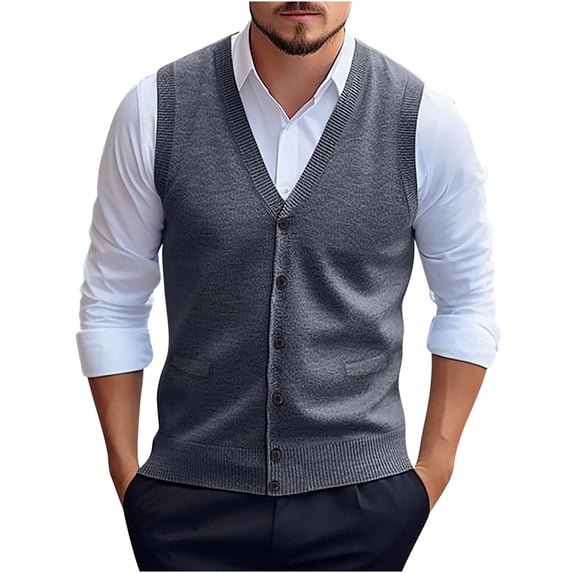 Bpmpbo Men's Knit Vest Sleeveless Solid Color Button Front Wool Cardigan Pocket Sweater Vest