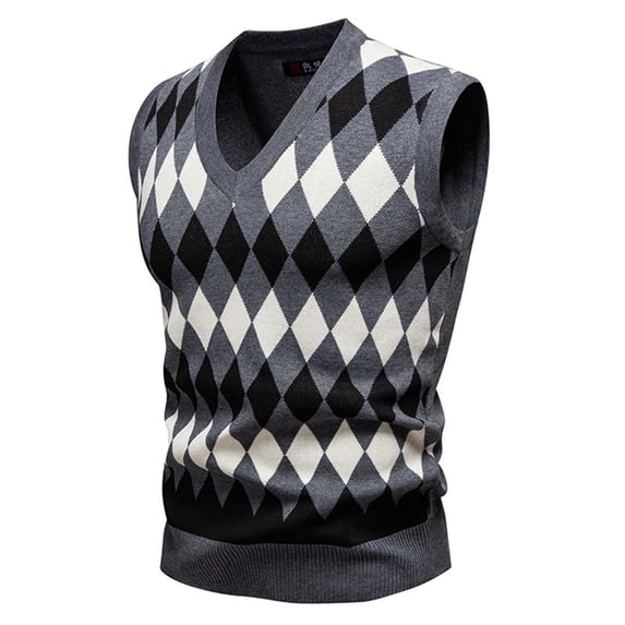 Bpmpbo Men's Plaid Sweater Vest Fleece Lined British Style Ribbed Stretch Sleeveless Knit Pullover