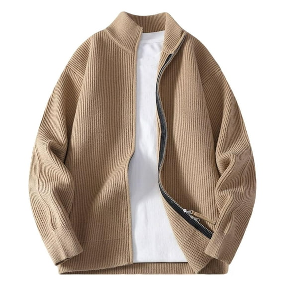 Bpmpbo Men's Ribbed Stand Collar Zip Up Sweater Teen Boys' Solid Color Relaxed Fit Knit Cardigan