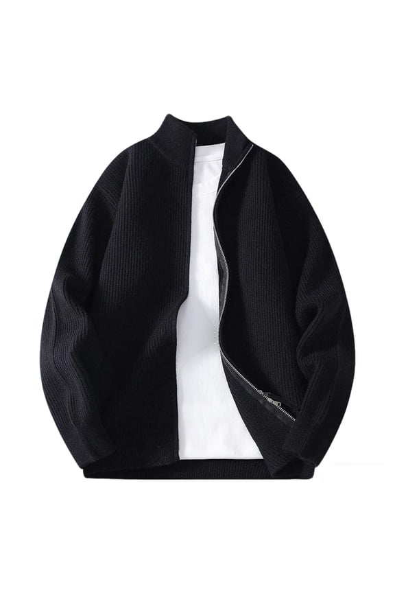 Men's Ribbed Stand Collar Zip Up Sweater Teen Boys' Solid Color Relaxed Fit Knit Cardigan