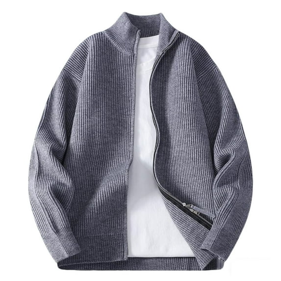 Bpmpbo Men's Ribbed Stand Collar Zip Up Sweater Teen Boys' Solid Color Relaxed Fit Knit Cardigan
