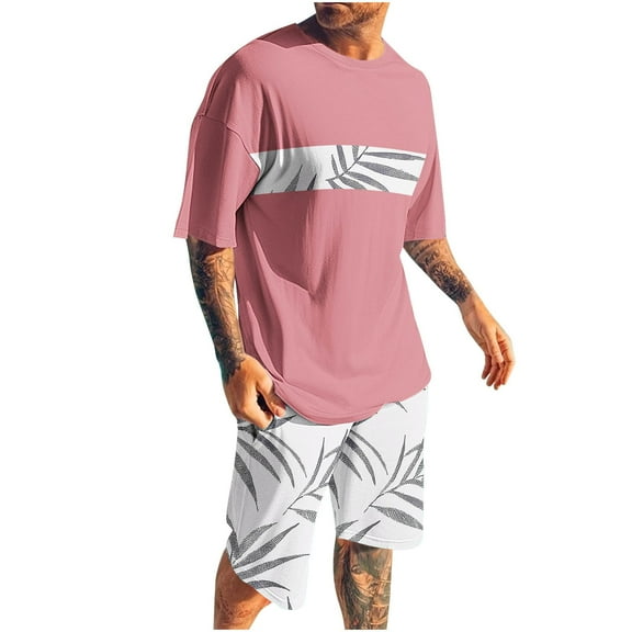 Bpmpbo Men's Shorts Sets 2 Piece Outfits Round Neck Printing Sports Slim Elastic Waistband Short Sleeve Round-Neck Blouses