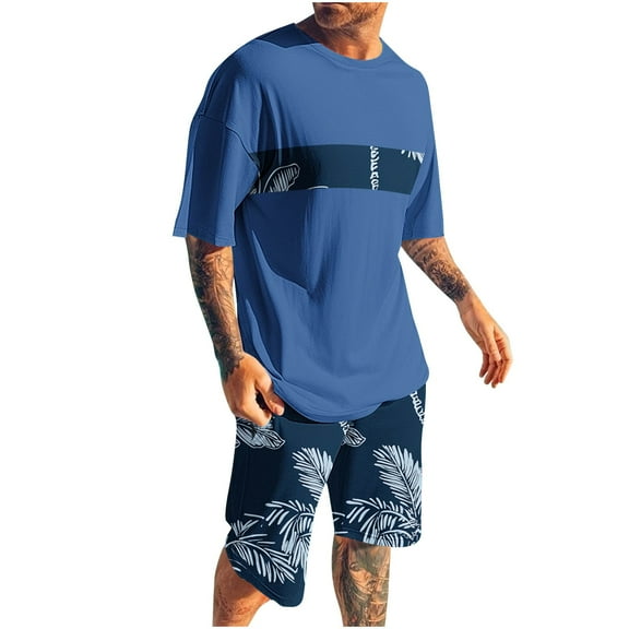 Bpmpbo Men's Shorts Sets 2 Piece Outfits Round Neck Printing Sports Slim Elastic Waistband Short Sleeve Round-Neck Blouses