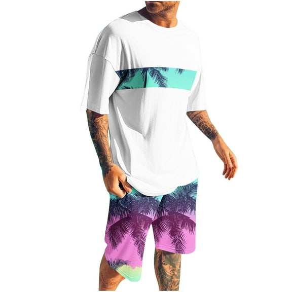 Bpmpbo Men's Shorts Sets 2 Piece Outfits Round Neck Printing Sports Slim Elastic Waistband Short Sleeve Round-Neck Blouses