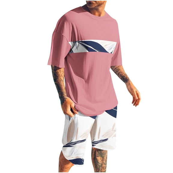 Bpmpbo Men's Shorts Sets 2 Piece Outfits Round Neck Printing Sports Slim Elastic Waistband Short Sleeve Round-Neck Blouses