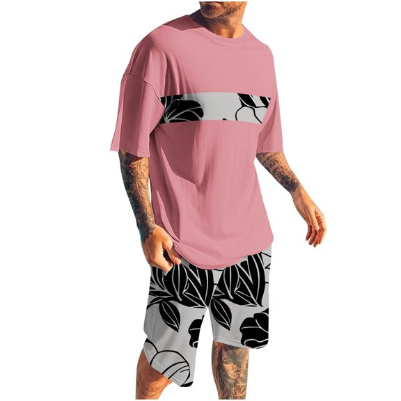 Bpmpbo Men's Shorts Sets 2 Piece Outfits Round Neck Printing Sports Slim Elastic Waistband Short Sleeve Round-Neck Blouses