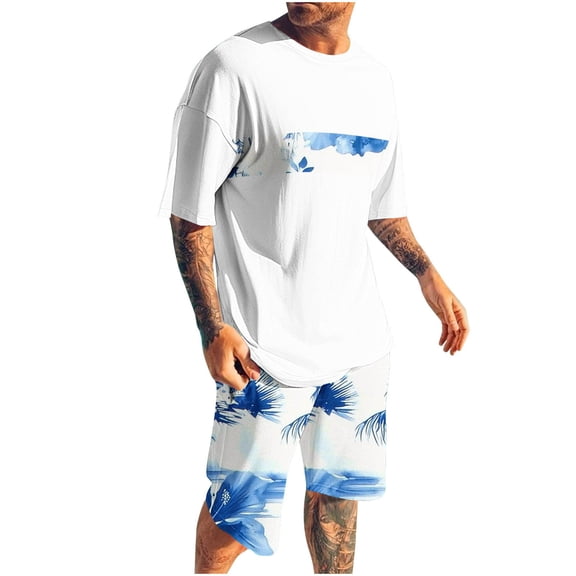 Bpmpbo Men's Shorts Sets 2 Piece Outfits Round Neck Printing Sports Slim Elastic Waistband Short Sleeve Round-Neck Blouses