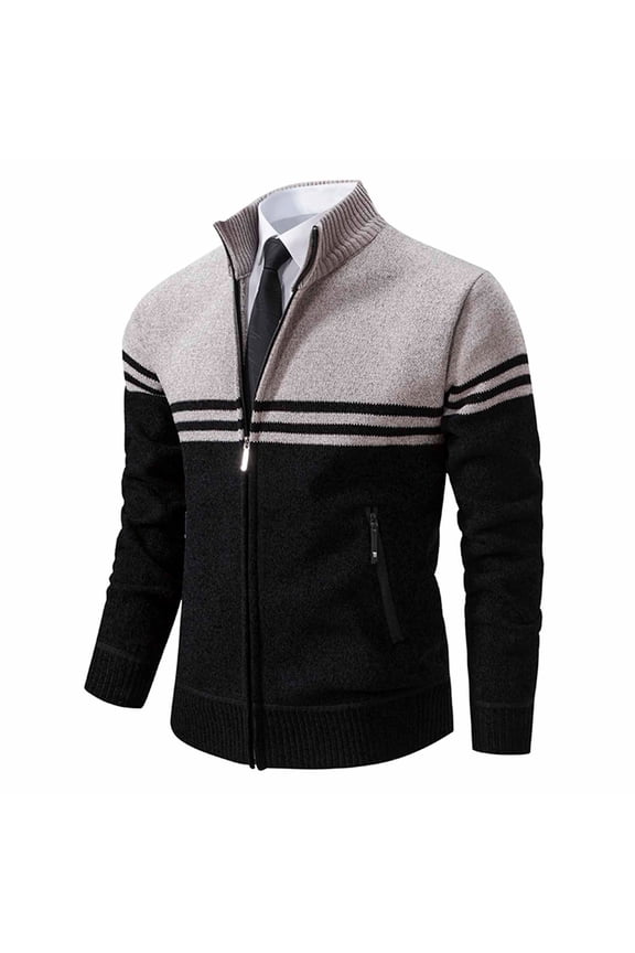 Men's Striped Color Block Zip Sweater Stand Collar Ribbed Knit Cardigan with Zippered Pockets