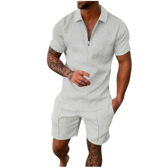 Bpmpbo Men's Track Suits 2 Piece Set Casual Quarter Zip Polo Shirt and Shorts Set Sweatsuit Summer Outfits,Men's Short Sleeved Top Shorts Lapel Solid Color Suit