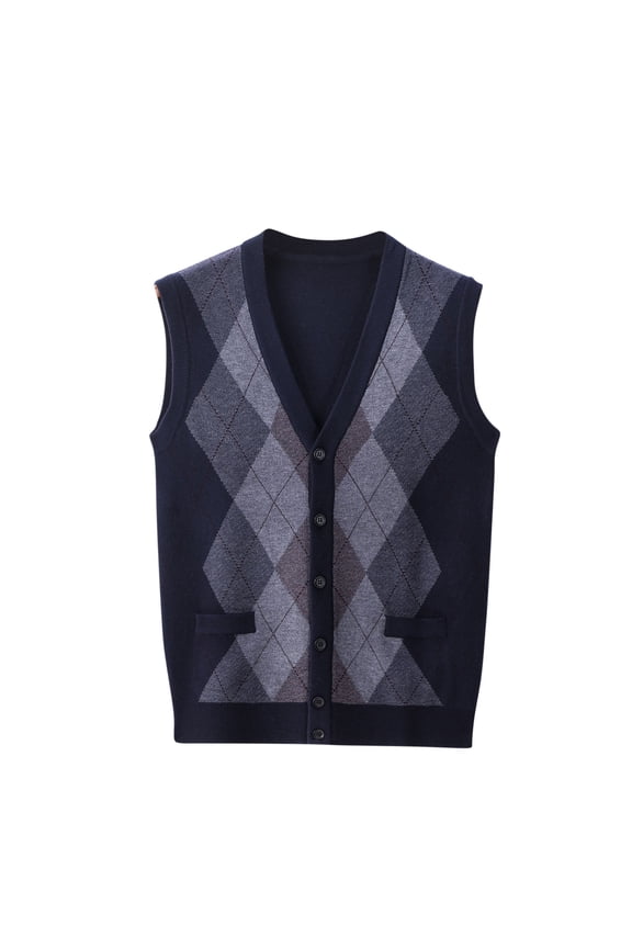 Men's Wool Blend Vest Sleeveless V-Neck Button Cardigan with Pockets Color Block Sweater
