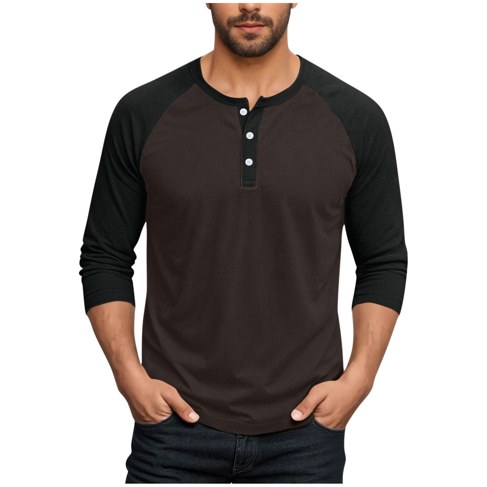 Men’s Long Sleeve Henley T-Shirt with Button Placket – Plain One-Piece Top main image 0