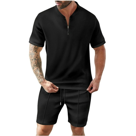 Bpmpbo Mens Short Sets 2 Piece Outfits Polo Shirt Fashion Summer Tracksuits Casual Set Short Sleeve and Shorts Set for Men，Men Casual Zipper Short Sleeve Lapel Short Pants Set