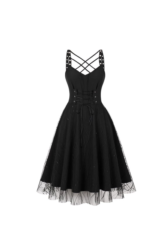 New Cocktail Dresses for Women Ladies Sleeveless Gothic Style Vintage Dark Drawstring Waist Lace Sling Dress Women Formal Dresses