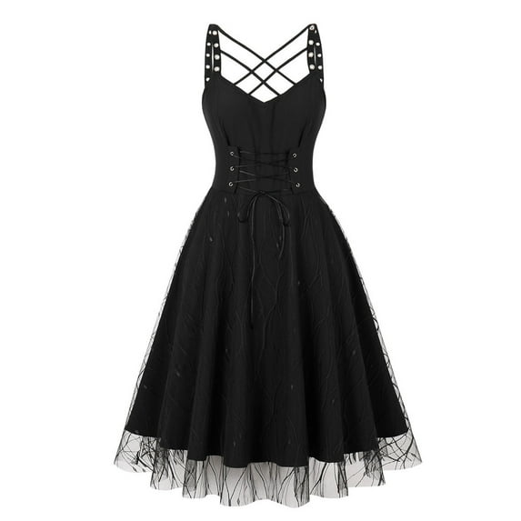 Bpmpbo New Cocktail Dresses for Women Ladies Sleeveless Gothic Style Vintage Dark Drawstring Waist Lace Sling Dress Women Formal Dresses