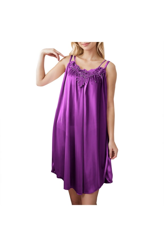 Nightgowns for Women Summer Sleeveless Nightdress Imitation Silk Sexy Sleep Dress Spaghetti Strap Sleepwear Loose Lightweight Ladies Nightgowns Knee Length
