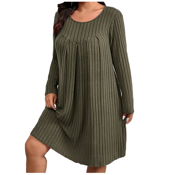 Bpmpbo Plus Size Ribbed Sweater Dress - Women's Long Sleeve Flowy Midi Dress for Fall Winter