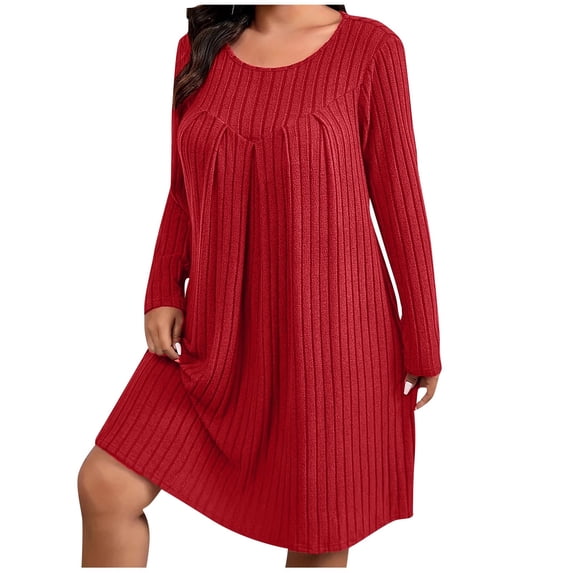 Bpmpbo Plus Size Ribbed Sweater Dress - Women's Long Sleeve Flowy Midi Dress for Fall Winter