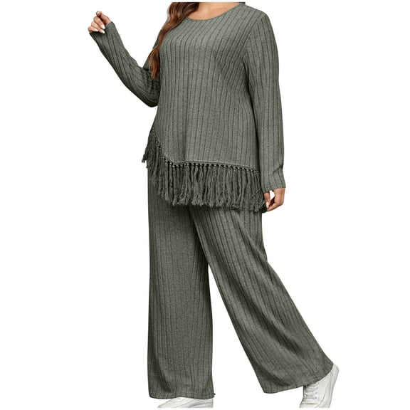 Bpmpbo Plus Size Women's Knit Two-Piece Set Solid Color Loungewear Long Sleeve Fringe Hem Top and Pants Comfy Sweater Set