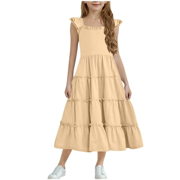 Bpmpbo Summer Pricess Dress for Girls Solid Color Tank Dress Ruffle Sleeve Loose Dress for 3 - 13 Years Square Neck Fashion Dress
