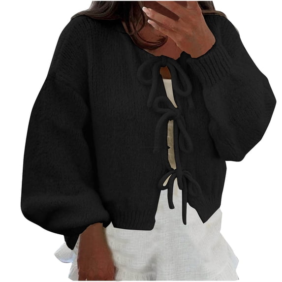Bpmpbo Tie-Front Knit Cardigan for Women, Solid Color Long Sleeve Round Neck Open Sweater, Cozy Fall Winter Wear
