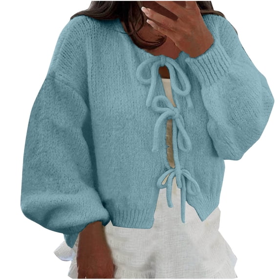 Bpmpbo Tie-Front Knit Cardigan for Women, Solid Color Long Sleeve Round Neck Open Sweater, Cozy Fall Winter Wear