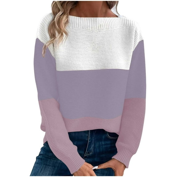 Bpmpbo Winter Clothing for Women, Color-blocked Round Neck Knitted Sweater Long Sleeved Pullover Top