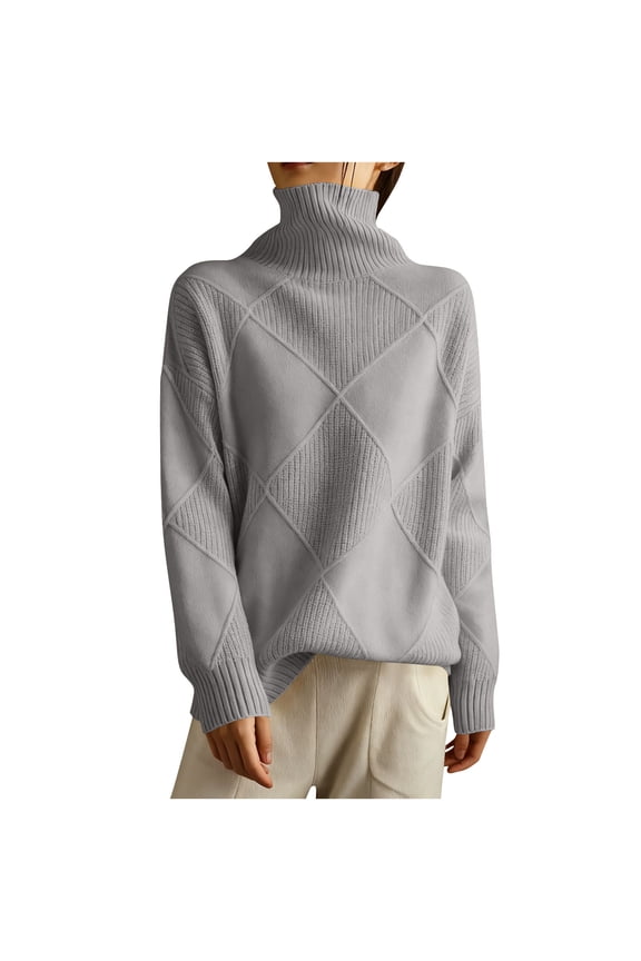 Women Fall Winter Clothes Quilted High Neck Sweater, Geometric Panel Pullover, Fashion Knit Top