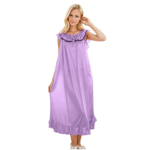 Bpmpbo Women Nightgowns Sleeveless Sleepwear Summer Sexy Lace Homewear Ice Silk Loose Plus Size Nightgown Pleats Flowy Long Sleepshirts
