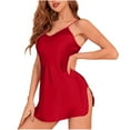 thumbnail image 1 of Bpmpbo Women Short Sleepshirts Fashion Camisole Nightgowns Solid Color V Neck Spaghetti Strap Sleepwear Side Slit Simulated Silk Home Clothing, 1 of 4