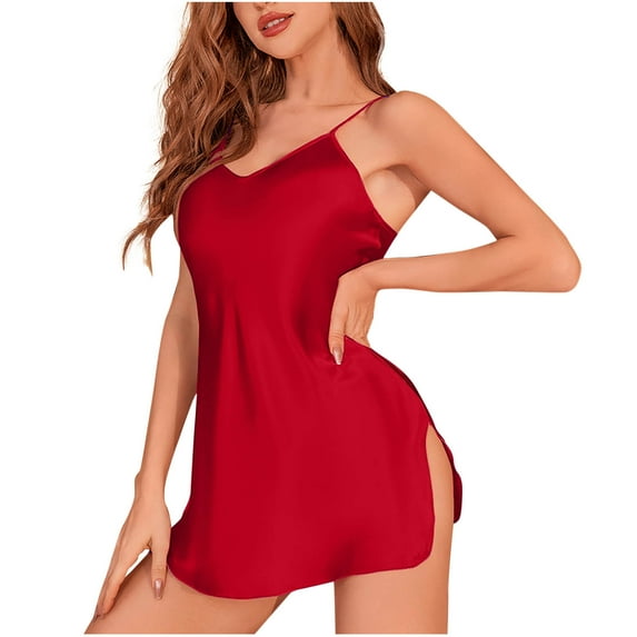 Bpmpbo Women Short Sleepshirts Fashion Camisole Nightgowns Solid Color V Neck Spaghetti Strap Sleepwear Side Slit Simulated Silk Home Clothing