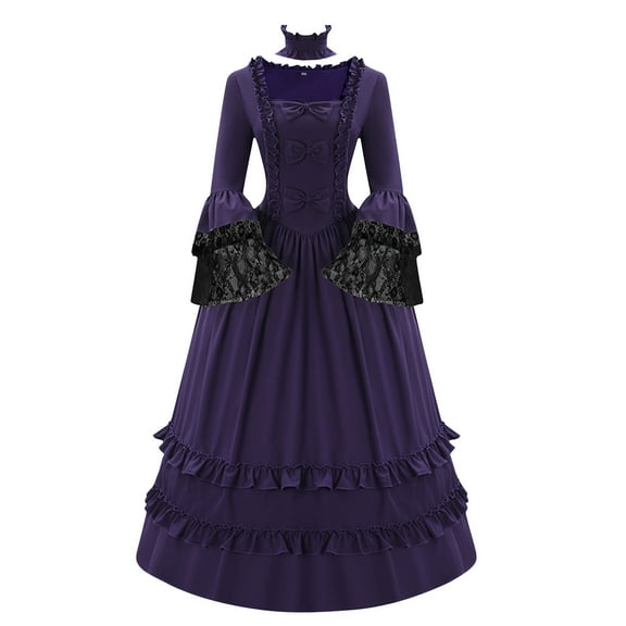 Bpmpbo Women Victorian Dress Vintage Long Party Dress Flare Sleeve Rococo Masquerade Ball Gown Lace Patchwork Gothic Dress