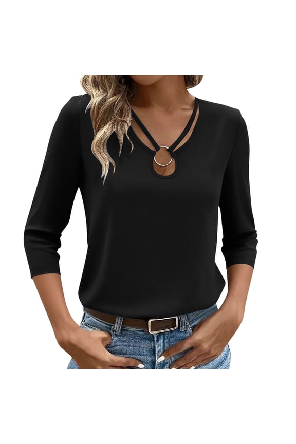 Women's 3/4 Sleeve Shirts Comfy V Neck Stretchy Fitted Tops Base Layer Soft Undershirts Tee Slim Fit Solid Color Blouses