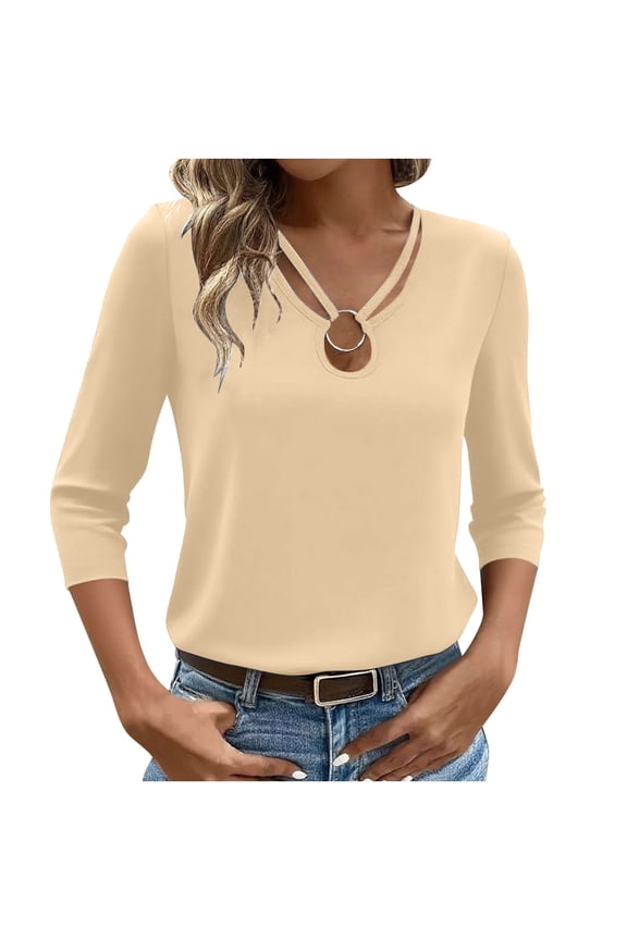 Women's 3/4 Sleeve Shirts Comfy V Neck Stretchy Fitted Tops Base Layer Soft Undershirts Tee Slim Fit Solid Color Blouses