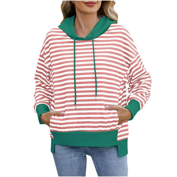 Bpmpbo Women's Athletic Sweatshirts Shirts New Long Sleeve Hooded Drawstring Striped Pullover Shirts Casual Irregular Slit Hem Top Clothes with Pockets