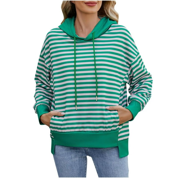 Bpmpbo Women's Athletic Sweatshirts Shirts New Long Sleeve Hooded Drawstring Striped Pullover Shirts Casual Irregular Slit Hem Top Clothes with Pockets