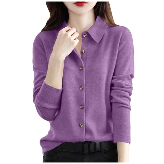 Bpmpbo Women's Button-Down Collar Sweater, Preppy Style Knit Top, Long Sleeve Casual Pullover
